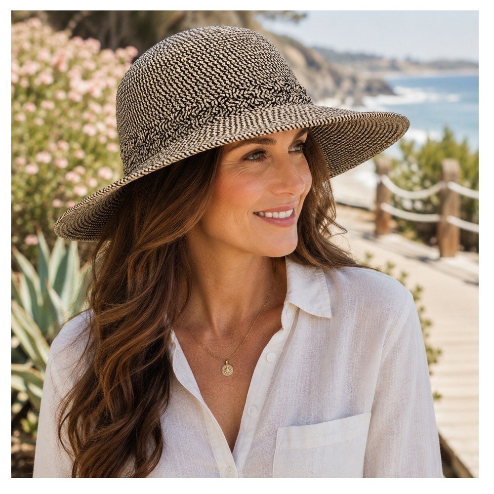 Sunday Afternoons Wide Brim Sun Hat Black Cream Woven Packable One Size